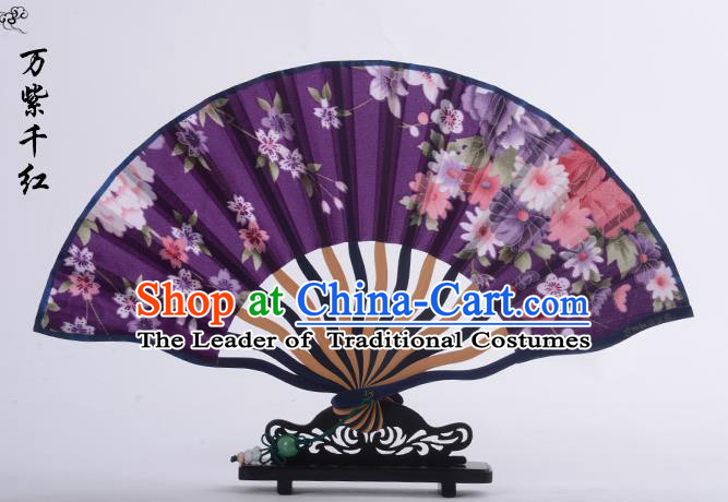 Traditional Chinese Handmade Crafts Folding Fan, China Printing Flowers Sensu Purple Silk Fan Hanfu Fans for Women