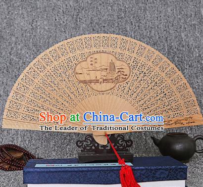 Traditional Chinese Handmade Crafts Sandalwood Folding Fan, China Classical Pagoda of Six Harmonies Sensu Hollow Out Wood Fan Hanfu Fans for Women