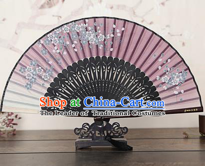 Traditional Chinese Handmade Crafts Bamboo Rib Folding Fan, China Classical Printing Peach Flowers Sensu Gradient Silk Fan Hanfu Fans for Women