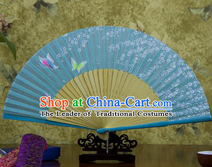 Traditional Chinese Handmade Crafts Bamboo Rib Folding Fan, China Classical Printing Butterfly Sensu Blue Silk Fan Hanfu Fans for Women
