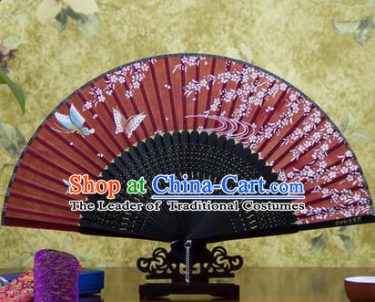 Traditional Chinese Handmade Crafts Bamboo Rib Folding Fan, China Classical Printing Butterfly Flowers Sensu Red Silk Fan Hanfu Fans for Women