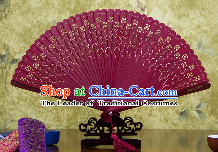 Traditional Chinese Handmade Crafts Bamboo Carving Folding Fan, China Classical Printing Flowers Sensu Hollow Out Wood Red Fan Hanfu Fans for Women