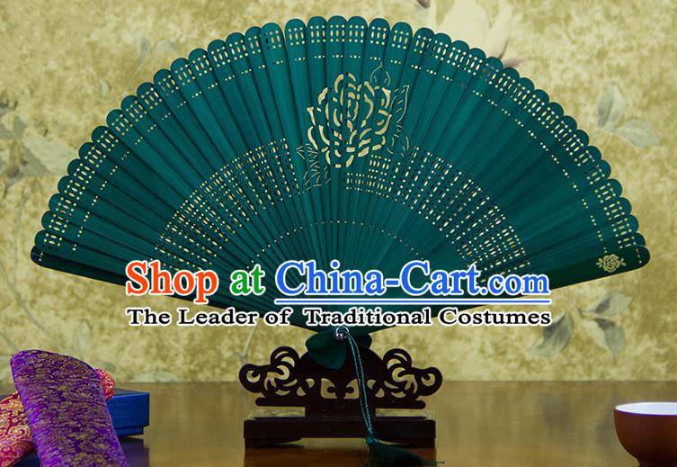 Traditional Chinese Handmade Crafts Bamboo Carving Folding Fan, China Classical Printing Rose Flower Sensu Hollow Out Wood Green Fan Hanfu Fans for Women