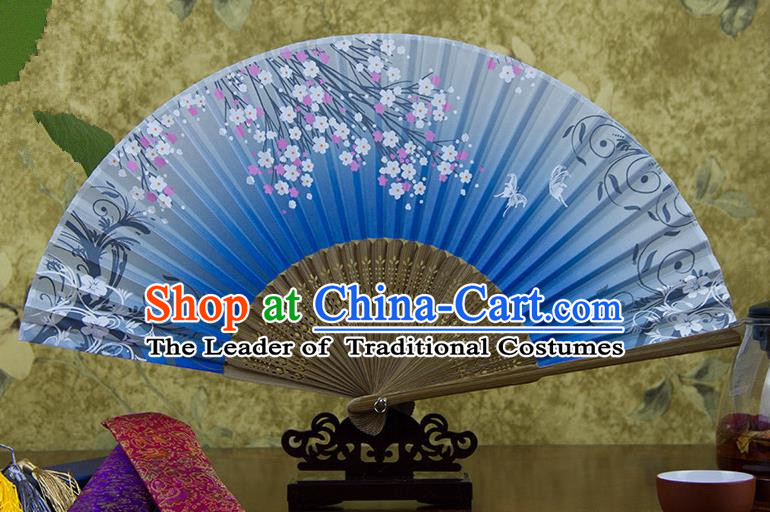 Traditional Chinese Handmade Crafts Hand Painting Butterfly Flowers Folding Fan, China Classical Blue Sensu Silk Fan Hanfu Fans for Women