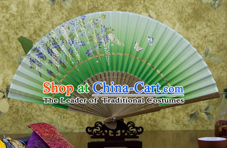 Traditional Chinese Handmade Crafts Hand Painting Butterfly Wisteria Flowers Folding Fan, China Classical Green Sensu Silk Fan Hanfu Fans for Women