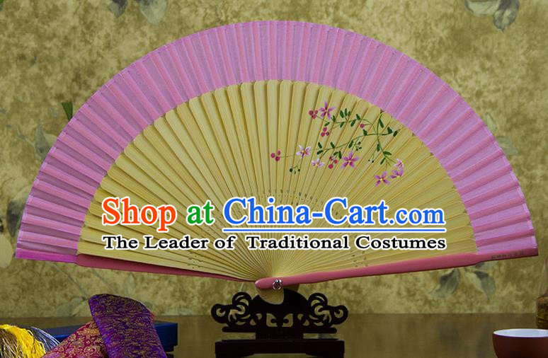 Traditional Chinese Handmade Crafts Hand Painting Flowers Folding Fan, China Classical Pink Sensu Silk Fan Hanfu Fans for Women