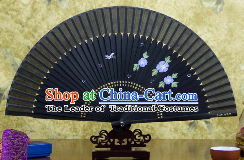 Traditional Chinese Handmade Crafts Hand Painting Flowers Folding Fan, China Classical Black Sensu Silk Fan Hanfu Fans for Women
