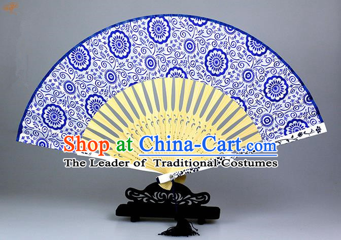 Traditional Chinese Handmade Crafts Blue and White Porcelain Folding Fan, China Classical Sensu Silk Fan Hanfu Fans for Women