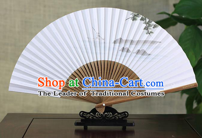 Traditional Chinese Handmade Crafts Ink Painting Fisherboat Folding Fan, China Classical Art Paper Sensu Xuan Paper Fan Hanfu Fans for Men