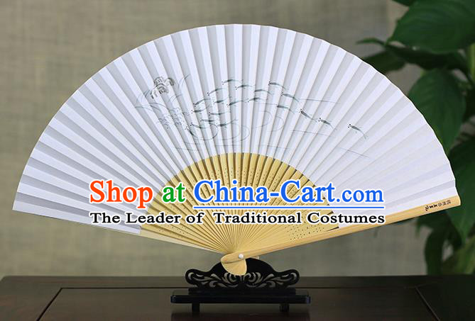 Traditional Chinese Handmade Crafts Ink Painting Fishes Folding Fan, China Classical Art Paper Sensu Xuan Paper Fan Hanfu Fans for Men