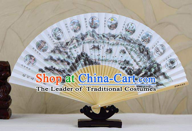 Traditional Chinese Handmade Crafts Ink Painting West Lake Scenery Folding Fan, China Classical Art Paper Sensu Xuan Paper Fan Hanfu Fans for Men