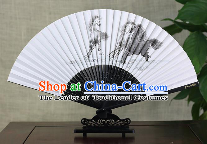 Traditional Chinese Handmade Crafts Ink Painting Horses Folding Fan, China Classical Art Paper Sensu Xuan Paper Fan Hanfu Fans for Men