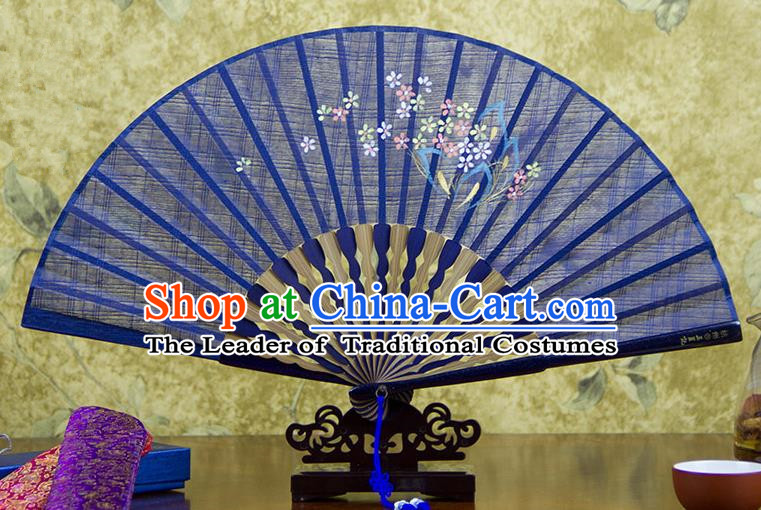 Traditional Chinese Handmade Crafts Printing Flower Folding Fan, China Classical Linen Sensu Blue Fan Hanfu Fans for Women