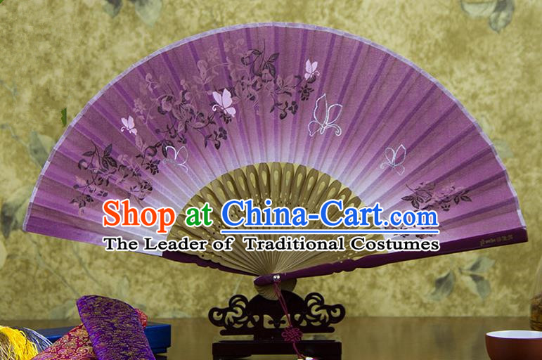 Traditional Chinese Handmade Crafts Printing Flower Folding Fan, China Classical Linen Sensu Lilac Fan Hanfu Fans for Women