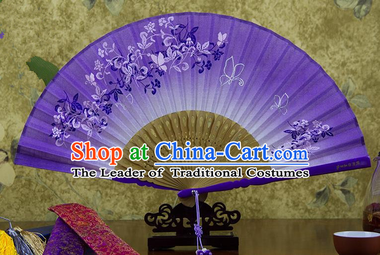 Traditional Chinese Handmade Crafts Printing Flower Folding Fan, China Classical Linen Sensu Purple Fan Hanfu Fans for Women