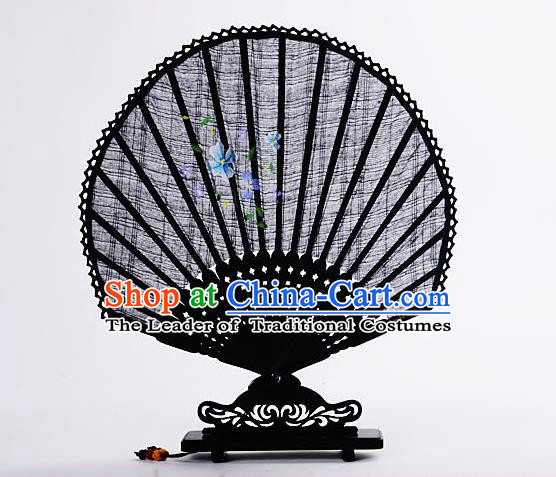 Traditional Chinese Handmade Crafts Hand Painting Flower Folding Fan, China Classical Linen Sensu Sunflower-type Black Fan Hanfu Fans for Women