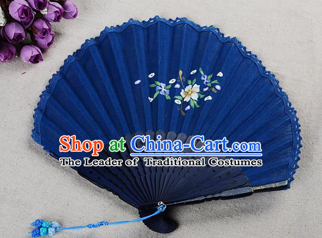 Traditional Chinese Handmade Crafts Hand Painting Flower Folding Fan, China Classical Linen Sensu Sunflower-type Blue Fan Hanfu Fans for Women