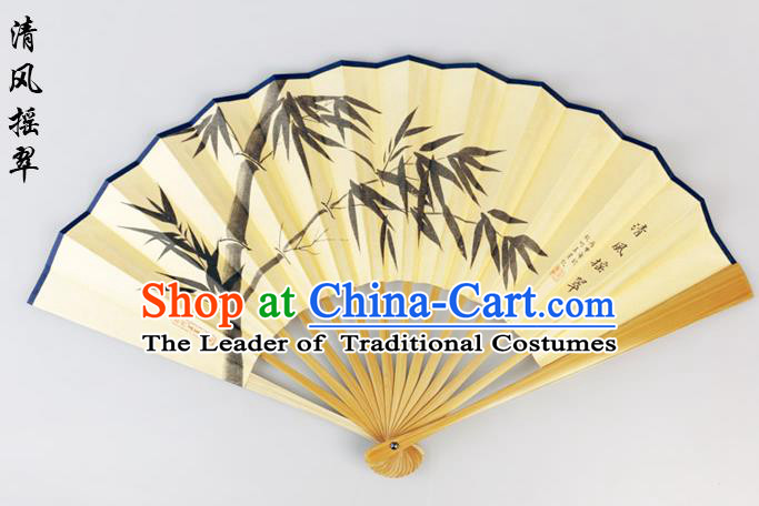 Traditional Chinese Handmade Crafts Pure Silk Folding Fan, China Classical Sensu Ink Painting Bamboo Fan Hanfu Fans for Men