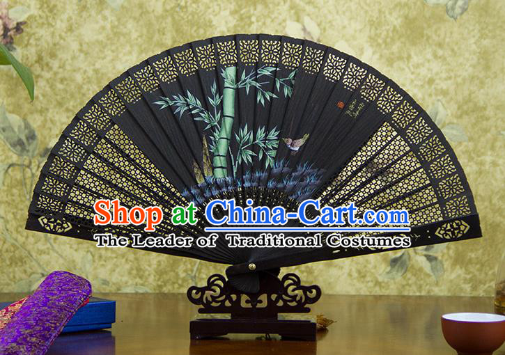 Traditional Chinese Handmade Crafts Ebomy Folding Fan, China Classical Hand Painting Bamboo Sensu Hollow Out Fan Hanfu Fans for Women