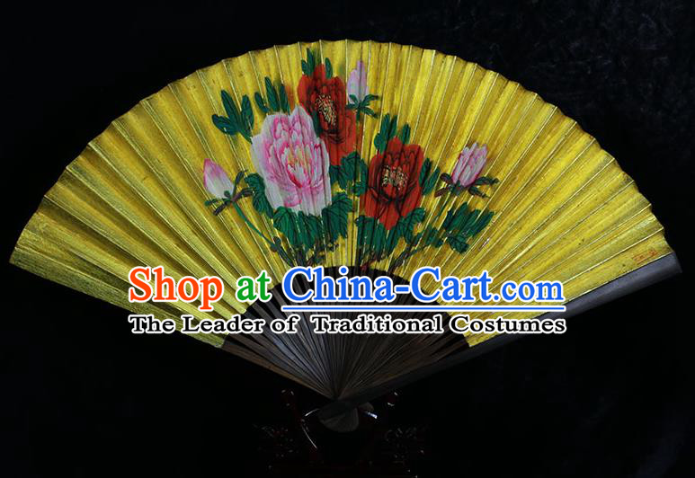 Traditional Chinese Handmade Crafts Llluminated Surface Folding Fan, China Classical Art Paper Hand Painting Peony Sensu Xuan Paper Fan Hanfu Fans for Men