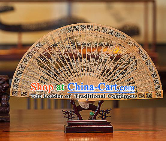 Traditional Chinese Handmade Crafts India Sandalwood Folding Fan Collectibles, China Classical Hollow out Sensu Cranes Fan Hanfu Fans for Women