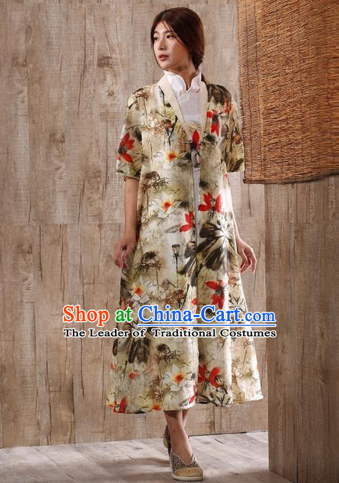 Traditional Chinese Costume Elegant Hanfu Printing Flowers Coats, China Tang Suit Long Dust Coat Clothing for Women