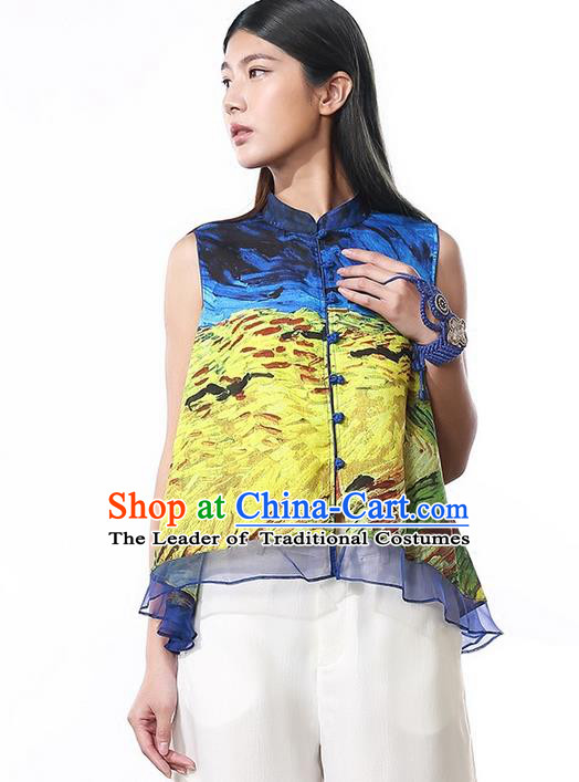 Traditional Ancient Chinese National Costume, Elegant Hanfu T-Shirt, China Tang Suit Printing Blouse Plated Buttons Shirt for Women