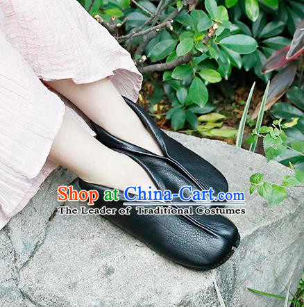 Traditional Chinese Shoes Embroidered Shoes Black Cow Leather Hanfu Shoes Monk Shoes Kung fu Shoes for Women