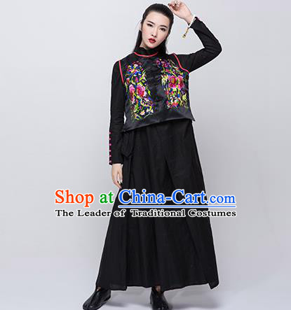 Traditional Ancient Chinese National Costume, Elegant Hanfu Embroidered Waistcoat, China Tang Suit Blouse Black Plated Buttons Vest for Women