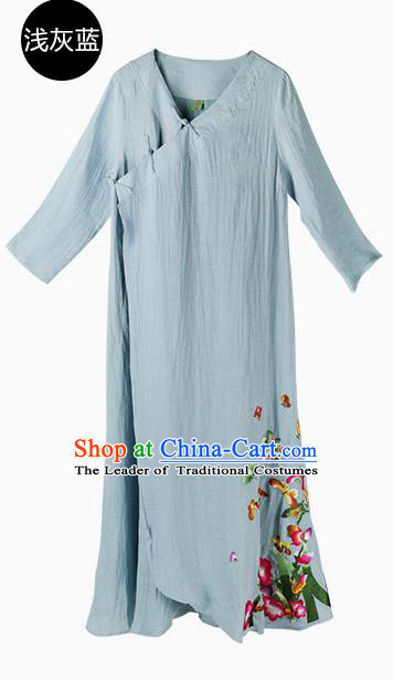 Traditional Chinese Costume Elegant Hanfu Embroidered Dress, China Tang Suit Blue Qipao Dress Clothing for Women