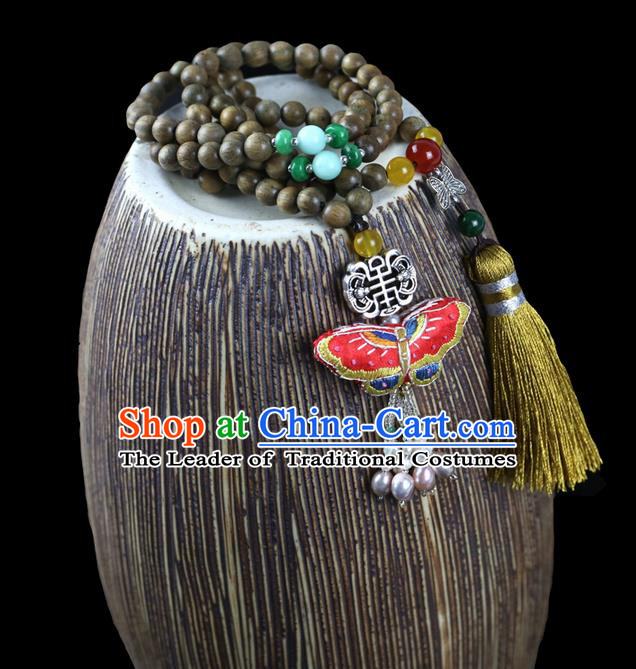 Traditional Chinese Accessories National Embroidered Necklace, China Sandalwood Beads Tassel Necklet for Women