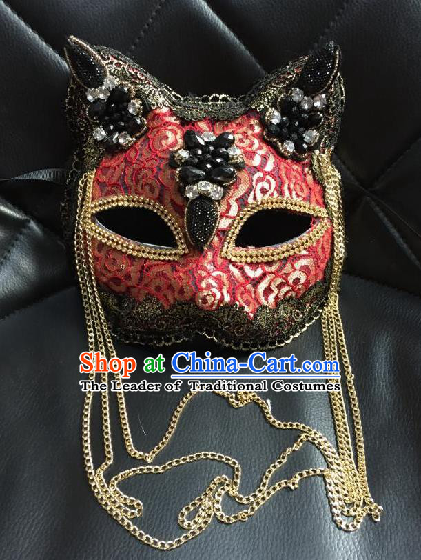 Top Grade Halloween Masquerade Accessories Mask, Brazilian Carnival Red Tassel Cat Mask Veil for Women