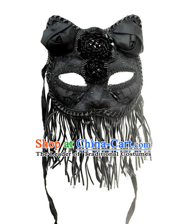 Top Grade Halloween Masquerade Accessories Bowknot Mask, Brazilian Carnival Black Tassel Cat Mask Veil for Women