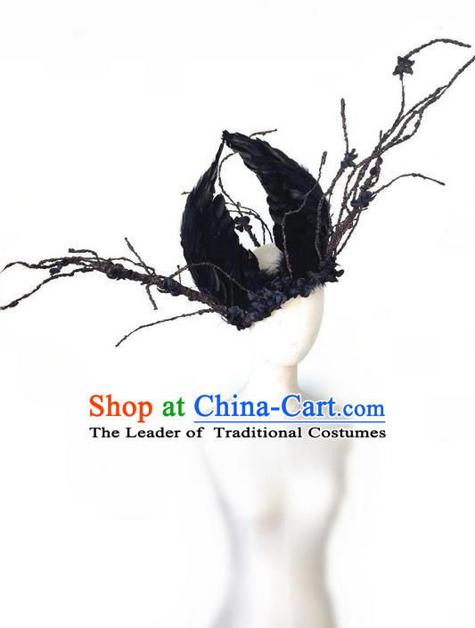 Top Grade Halloween Masquerade Ceremonial Occasions Handmade Model Show Baroque Headwear, Brazilian Carnival Black Feather Headdress for Women