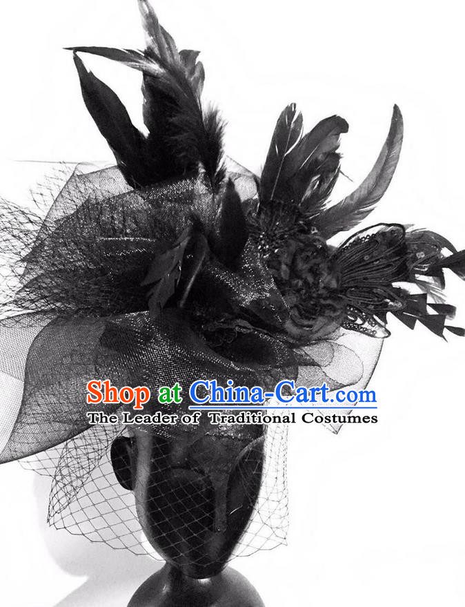 Top Grade Halloween Masquerade Ceremonial Occasions Handmade Model Show Baroque Black Feather Hair Accessories Headdress for Women