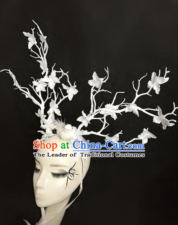 Top Grade Halloween Masquerade Ceremonial Occasions Handmade Model Show Baroque White Flowers Hair Accessories Hair Clasp Headdress Hat for Women