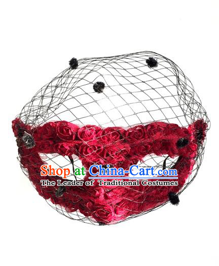 Top Grade Halloween Masquerade Ceremonial Occasions Handmade Model Show Gothic Black Veil Red Rose Mask for Women