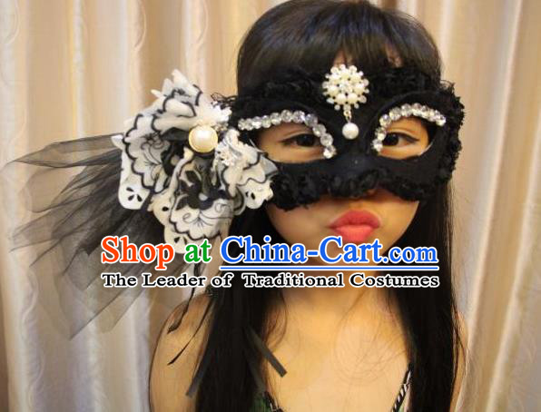 Top Grade Chinese Theatrical Luxury Headdress Ornamental Black Veil Mask, Halloween Fancy Ball Ceremonial Occasions Handmade Flower Face Mask for Women