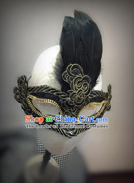 Top Grade Chinese Theatrical Luxury Headdress Ornamental Feather Mask, Halloween Fancy Ball Ceremonial Occasions Handmade Black Face Mask for Men