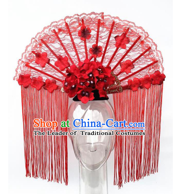 Top Grade Chinese Asian Headpiece Headpieces Model Show Red Tassel Headdress, Ceremonial Occasions Handmade Traditional Ornamental Flowers Floral Headdress for Women