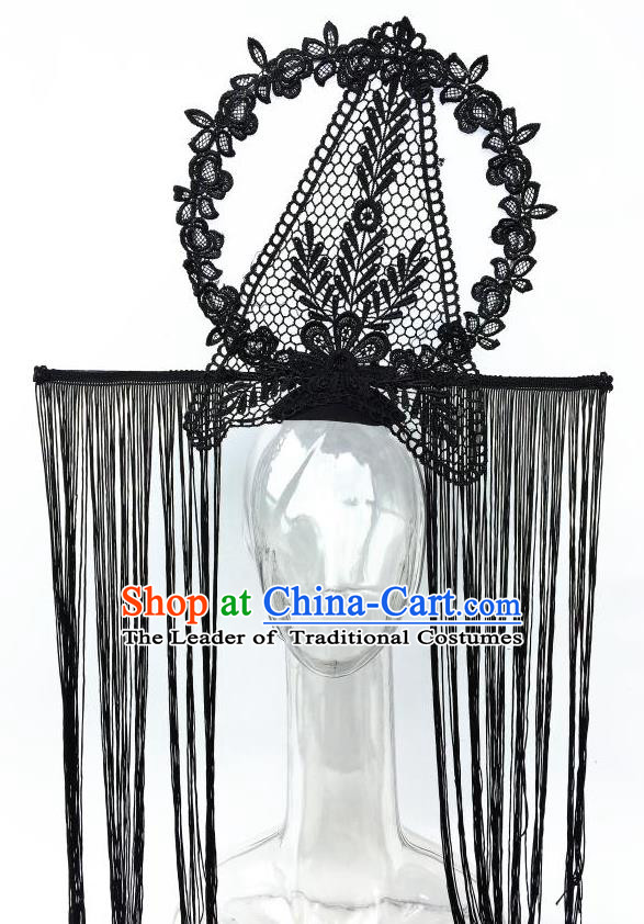 Top Grade Chinese Asian Headpiece Headpieces Model Show Black Tassel Headdress, Ceremonial Occasions Handmade Traditional Ornamental Flowers Floral Headdress for Women