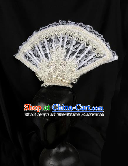 Top Grade Chinese Theatrical Luxury Headdress Ornamental White Lace Hair Clasp, Halloween Fancy Ball Asian Headpiece Headpieces Model Show Headwear for Women