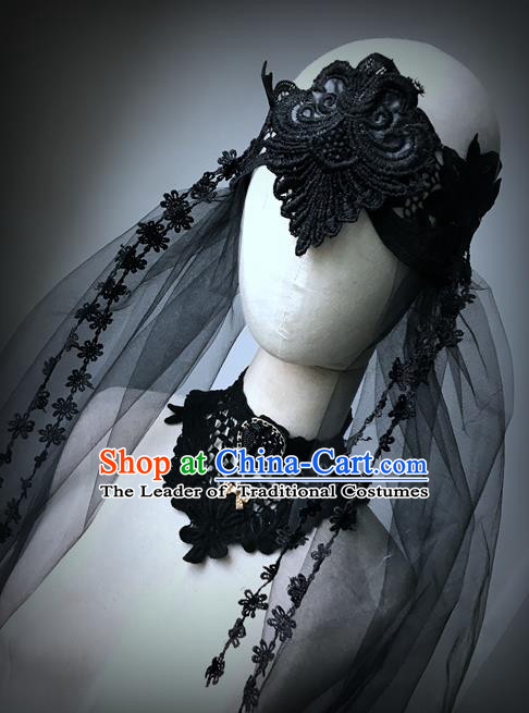 Top Grade Chinese Theatrical Luxury Headdress Ornamental Black Lace Hair Accessories, Halloween Fancy Ball Asian Headpieces Model Show Veil Headwear for Women