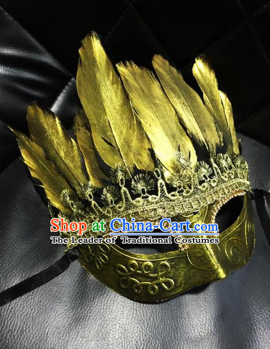 Top Grade Chinese Theatrical Luxury Headdress Ornamental Golden Mask, Halloween Fancy Ball Asian Headpieces Model Show Feather Lace Face Mask for Men