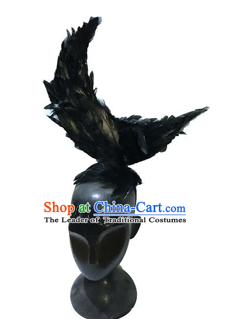 Top Grade Chinese Theatrical Luxury Headdress Ornamental Black Feather Headwear, Halloween Fancy Ball Asian Headpieces Model Show Feather Hair Accessories for Men