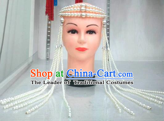 Traditional Handmade Chinese Mongol Nationality Handmade White Beads Tassel Hair Accessories, China Mongols Mongolian Minority Nationality Wedding Headwear for Women