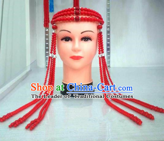 Traditional Handmade Chinese Mongol Nationality Handmade Red Beads Tassel Hair Accessories, China Mongols Mongolian Minority Nationality Wedding Headwear for Women