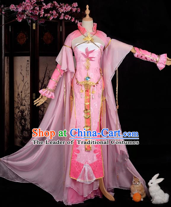 Chinese Ancient Cosplay Han Dynasty Imperial Concubine Costumes, Chinese Traditional Pink Dress Clothing Chinese Cosplay Swordsman Costume for Women