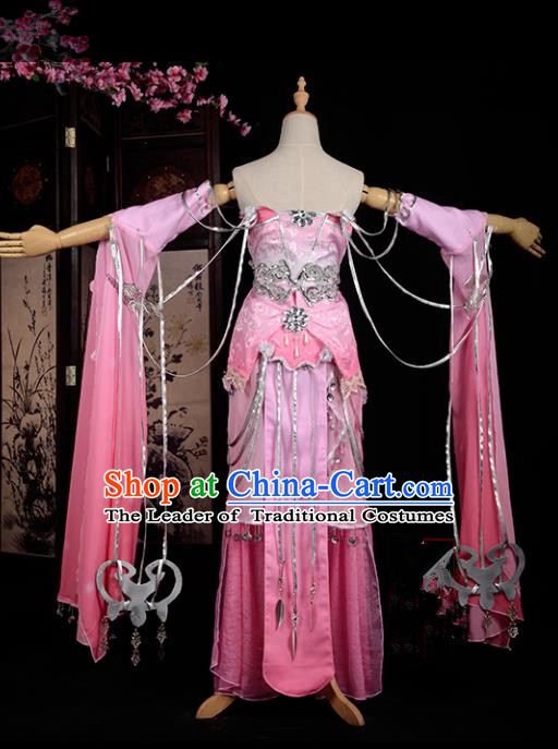 Chinese Ancient Cosplay Han Dynasty Young Lady Water Sleeve Costumes, Chinese Traditional Pink Dress Clothing Chinese Cosplay Swordsman Costume for Women