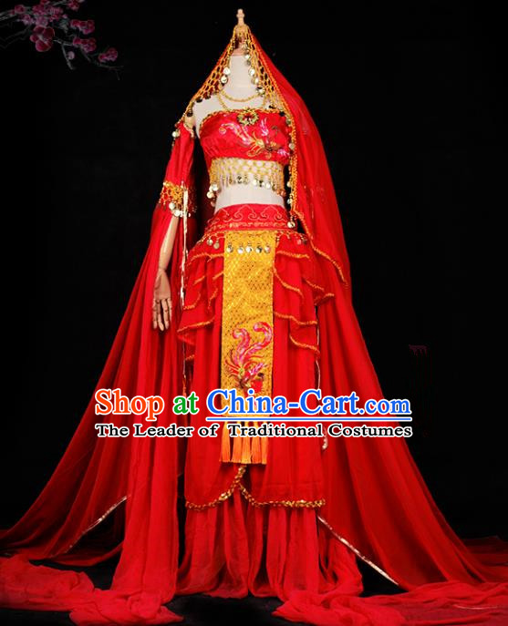 Chinese Ancient Cosplay Tang Dynasty Palace Lady Dance Costumes, Chinese Traditional Red Hanfu Dress Clothing Chinese Cosplay Imperial Princess Costume for Women